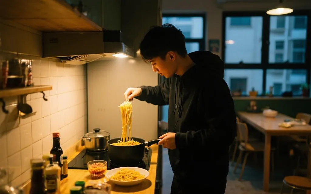 青旅公共厨房的自煮场景，背包客准备意面与简单食材，温暖灯光