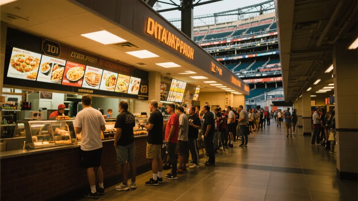 球场内餐饮区与球迷排队场景，温暖灯光与比赛日氛围
