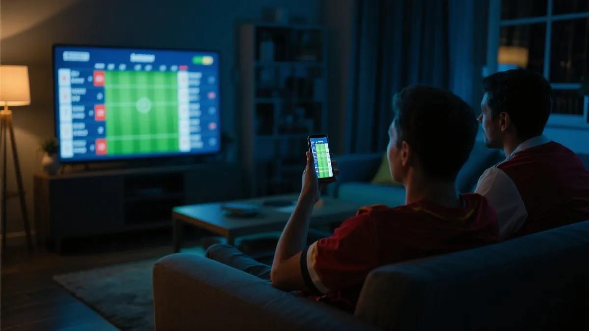 球迷在看积分榜与赛程的夜晚客厅场景，紧张氛围