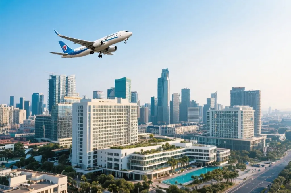 飞机在现代都市上空飞行,象征旅游和航空业繁荣